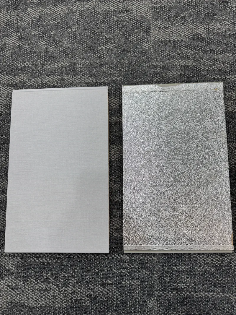 PU sandwich panel — light gray exterior face with protective film, factory production line